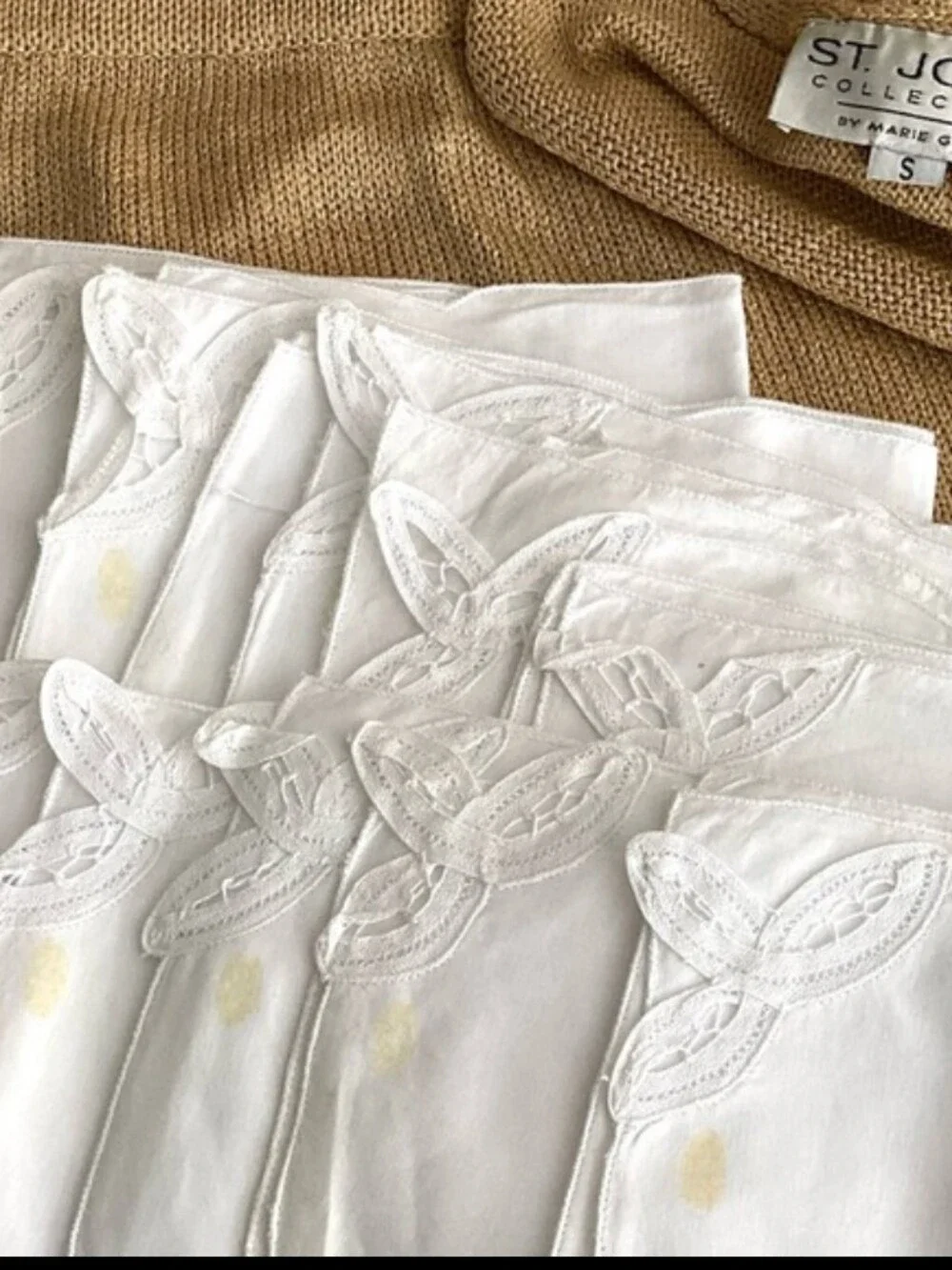 ⚜️ ROUND LINEN ECRU SHEER PANEL EMBROIDERED LACE 68” TABLECLOTH  ⚜️